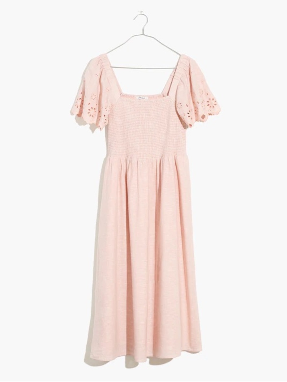 Madewell Linen-Blend Eyelet-Sleeve Lucie Smocked Midi Dress